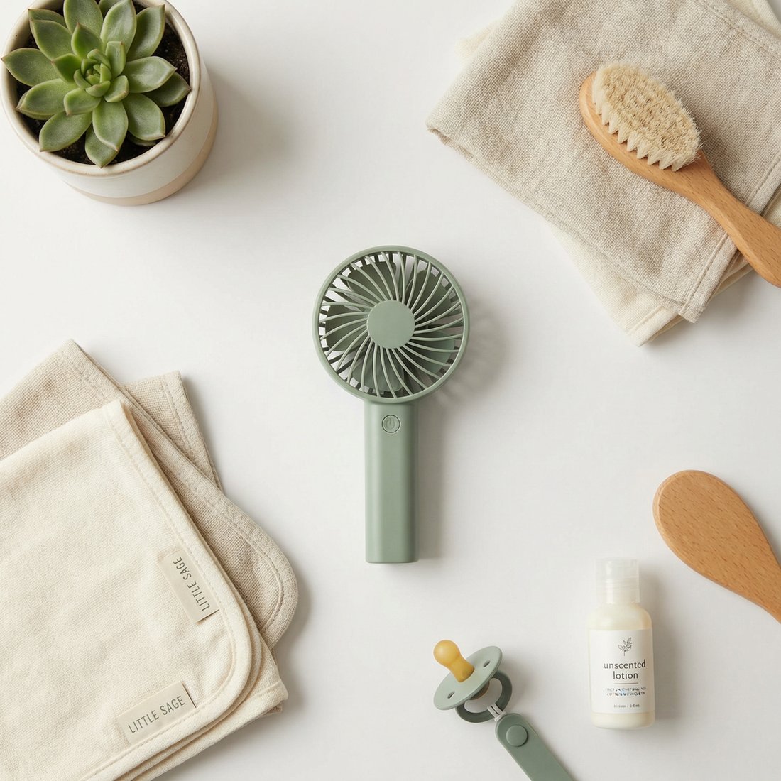 Baby Butt Fan surrounded by minimalist baby care essentials