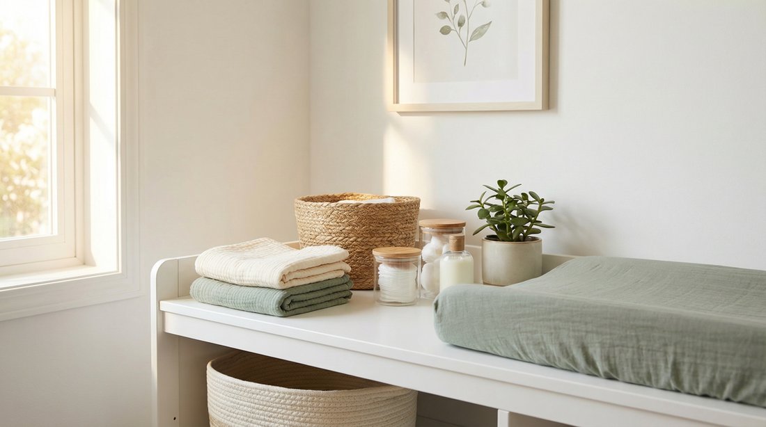 Clean, organized nursery changing table with organic cotton items